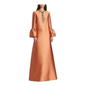 Reem Acra Women’s Embellished Bell Sleeve Mikado Brick Satin Gown Size Large